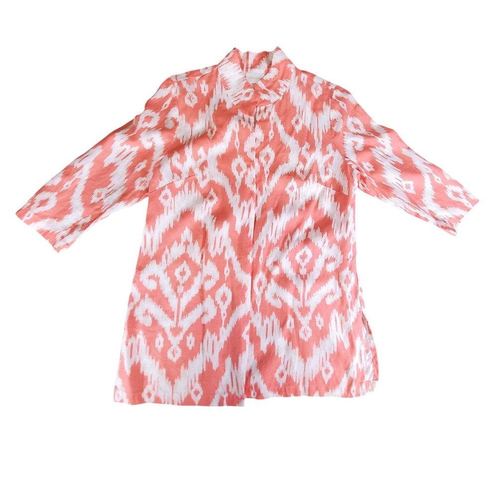 Chico's 100% Linen Ikat Print Jacket Size 1 M 8-10 NWT Sunrise Orange Open Front